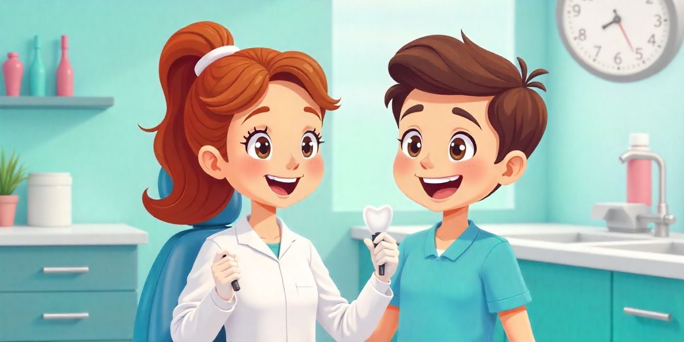 A friendly tooth character beside neatly arranged dental tools.