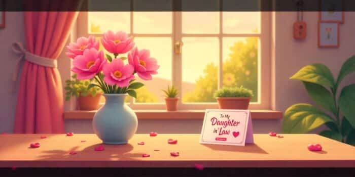 Valentine gift and heart card on a coffee table representing love for a daughter-in-law.