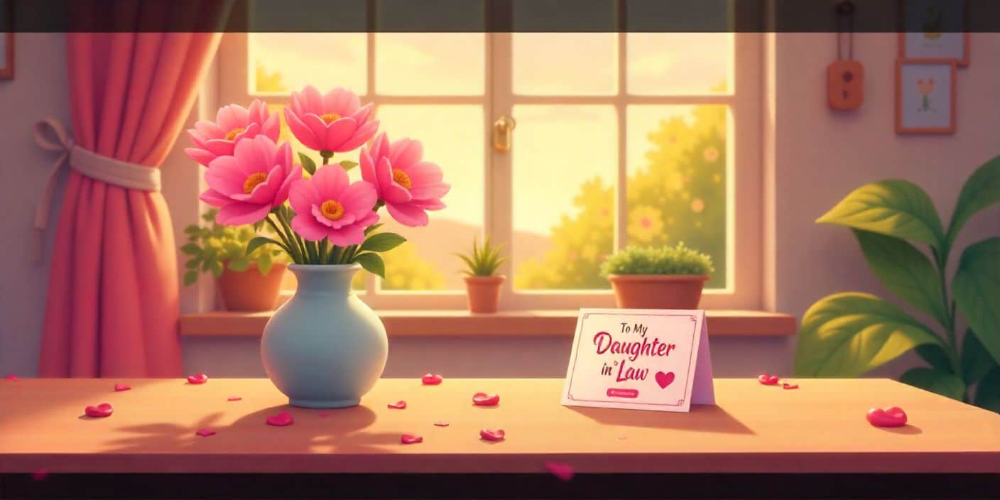 Valentine gift and heart card on a coffee table representing love for a daughter-in-law.