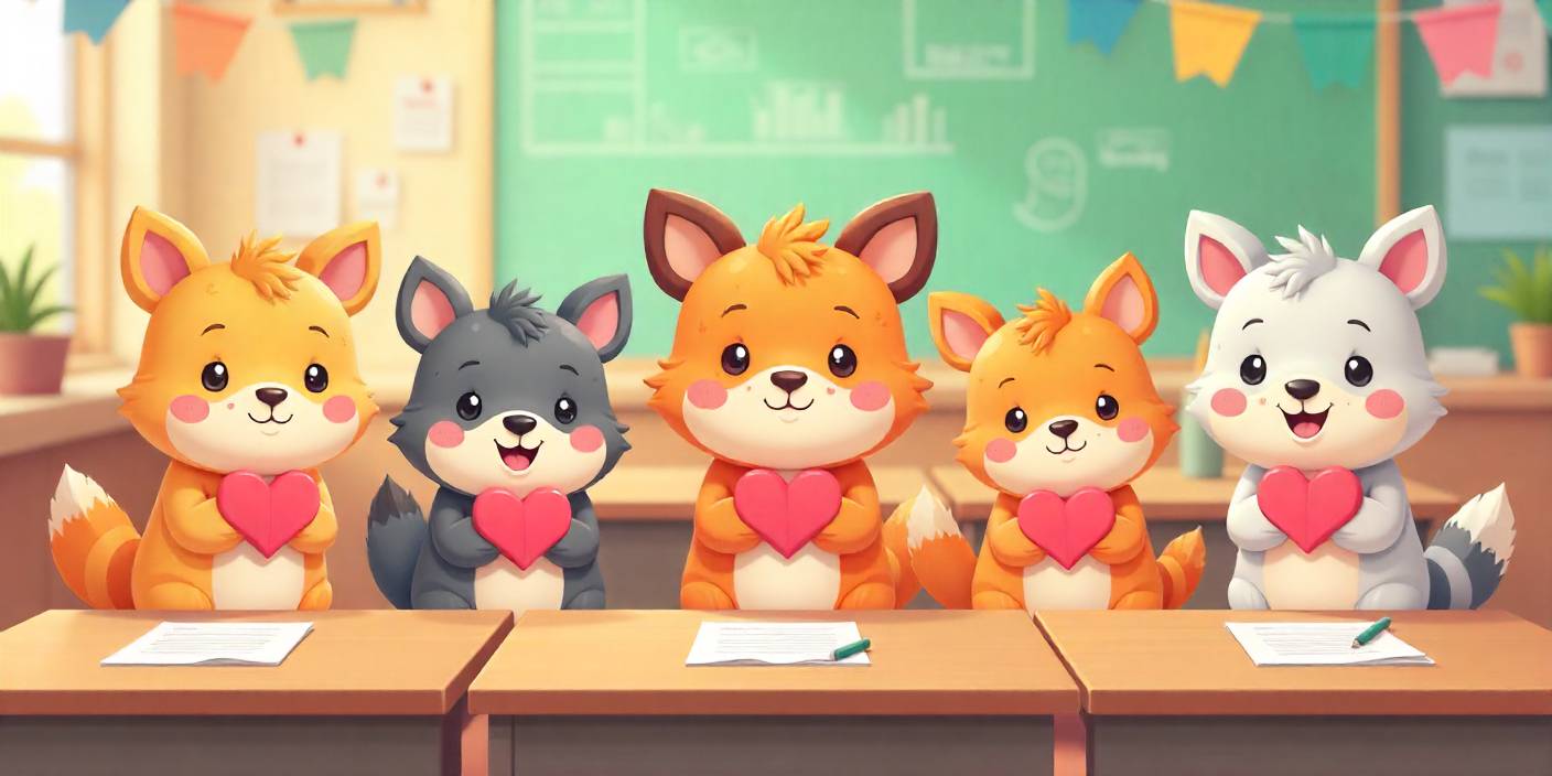 Cute animals holding heart crafts in a classroom.