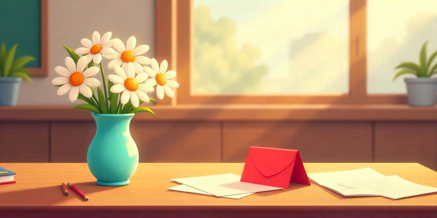 Principal’s desk with flowers and a Valentine card symbolizing appreciation and respect.