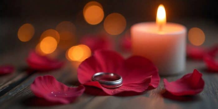 Wedding ring on rose petal next to a candle symbolizing remembrance.