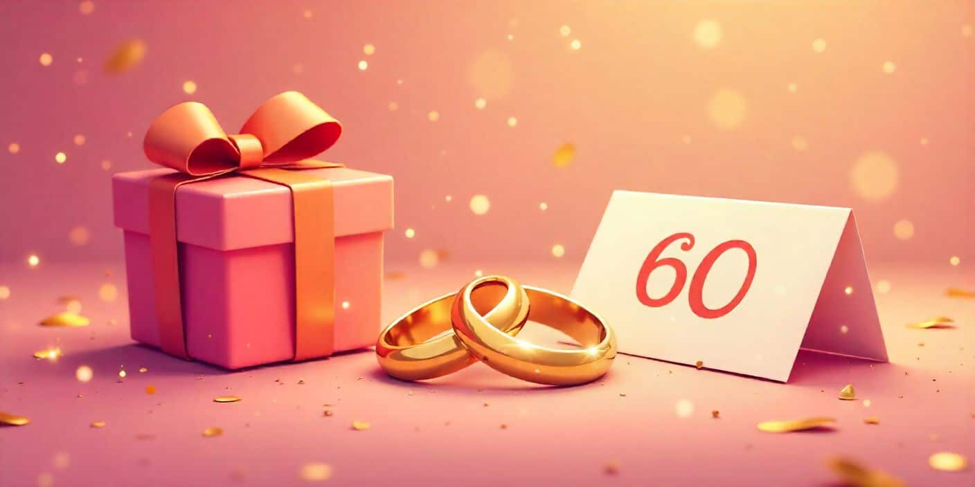 Gold rings and gift box with the number 60 symbolizing a 60th wedding anniversary.