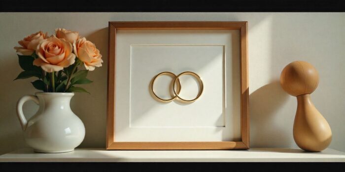 Framed keepsake with rings representing an aunt and uncle’s anniversary.