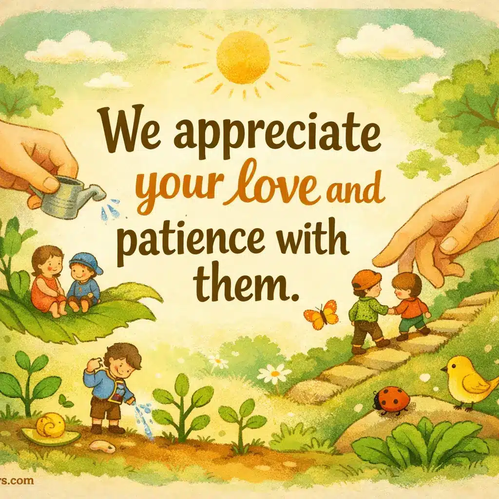 Gentle nurturing-themed illustration symbolizing patience and care, paired with a message appreciating love and patience with children or family.
