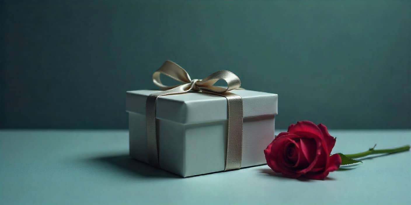 Gift and flowers symbolizing belated wedding anniversary wishes.