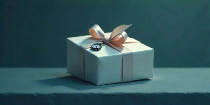 Wedding gift with a clock charm symbolizing belated wishes.