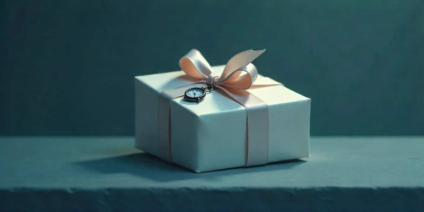 Wedding gift with a clock charm symbolizing belated wishes.