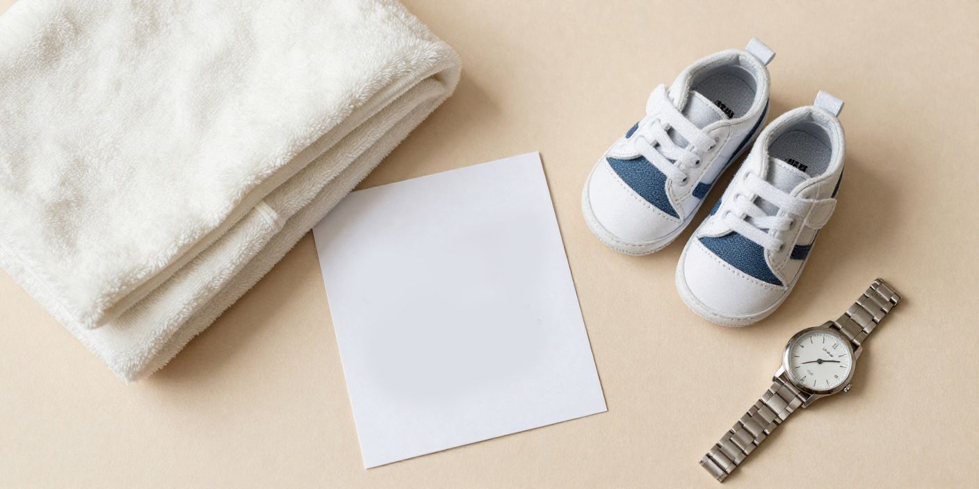 Congrats on becoming a father messages image with baby shoes, blanket, and congratulatory card.