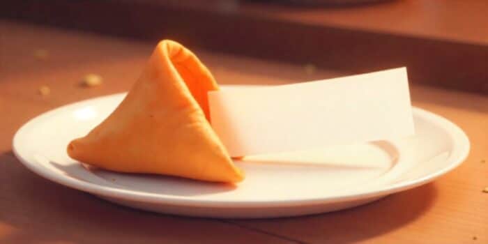 Open fortune cookie with blank paper on a plate symbolizing custom messages.