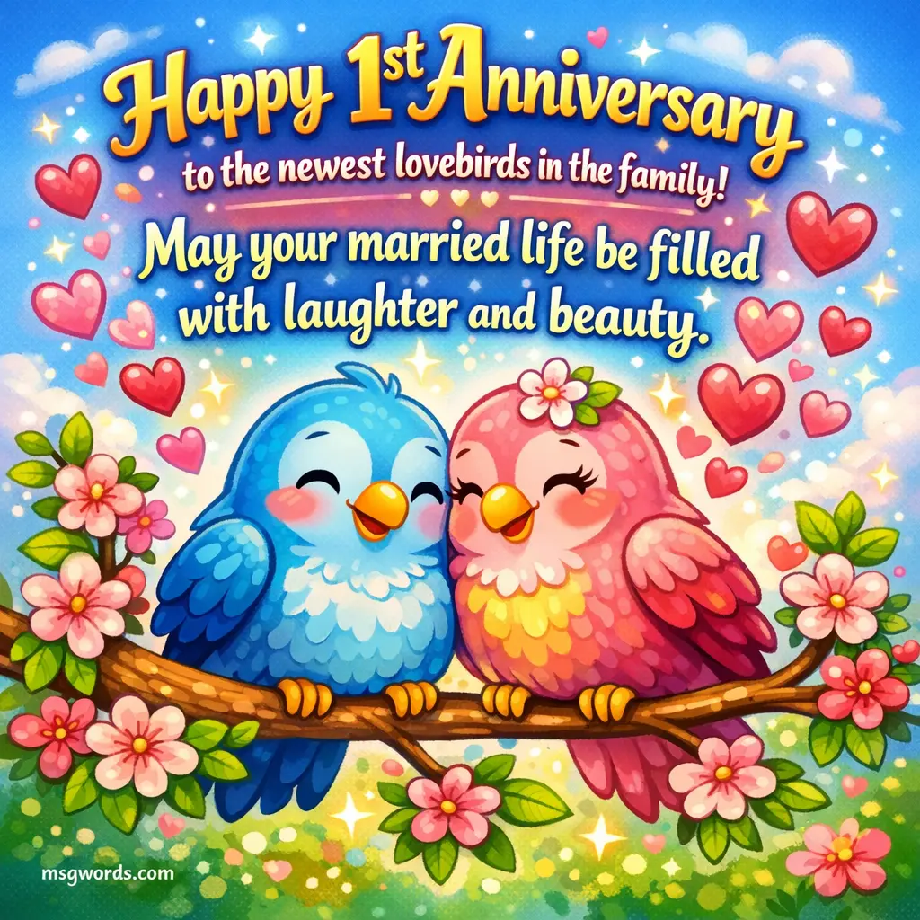 Cute cartoon birds on a branch with blossoms, representing a joyful first anniversary and the beauty of new love in the family.

