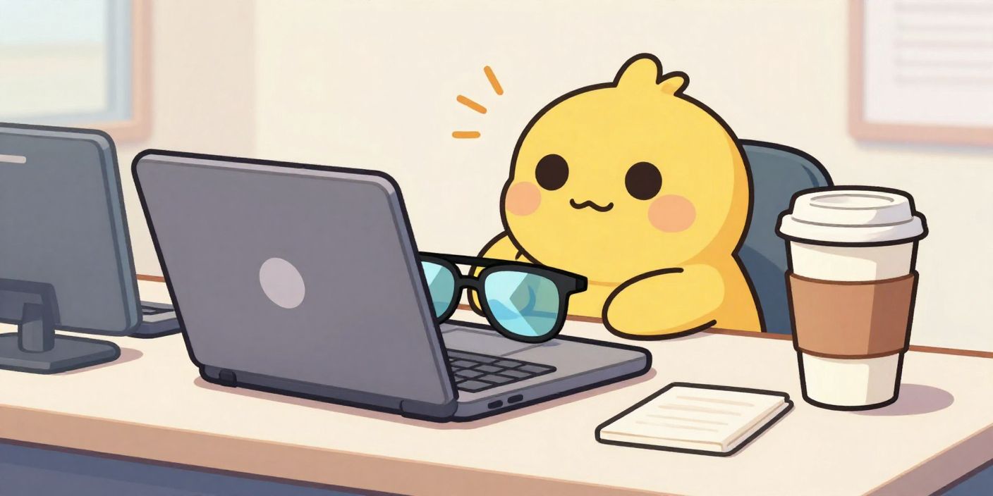 Office desk with sunglasses on a laptop symbolizing a fun out-of-office break.