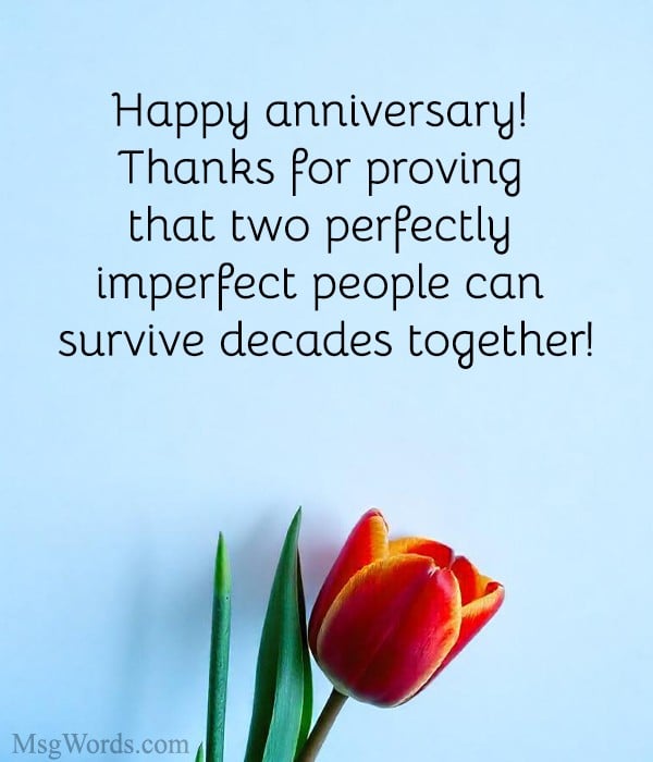 "Happy anniversary! Thanks for proving that two perfectly imperfect people can survive decades together!"