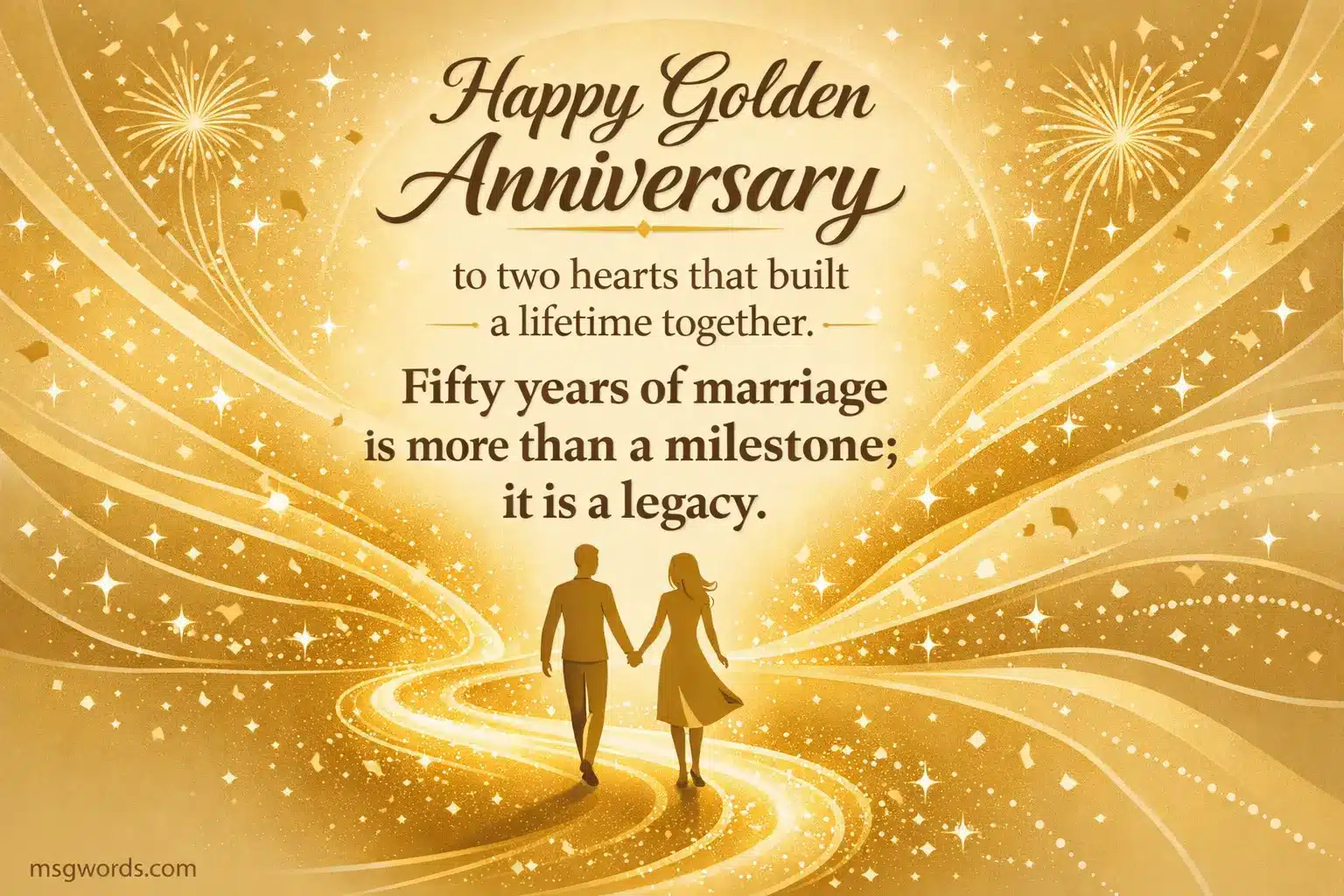 Elegant golden-themed illustration of a couple with glowing accents, highlighting fifty years of marriage as a legacy of love and commitment.

