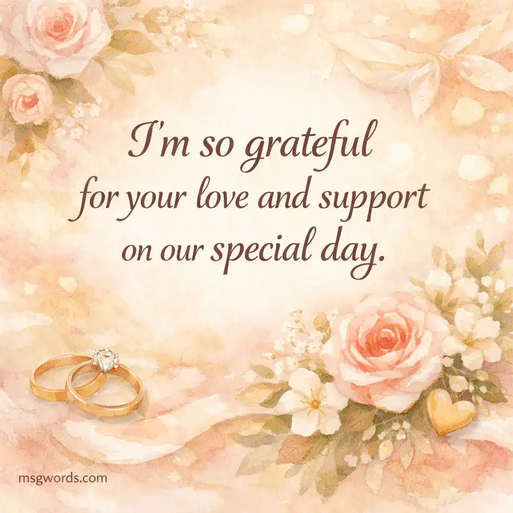 Romantic watercolor-style illustration with wedding elements expressing gratitude for love and support on a special day.

