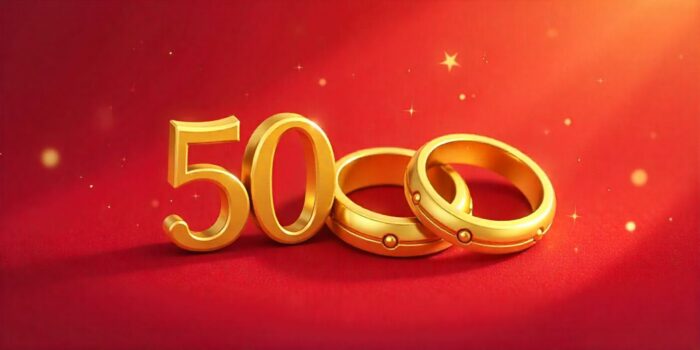 Golden rings and a “50” emblem symbolizing a 50th wedding anniversary.