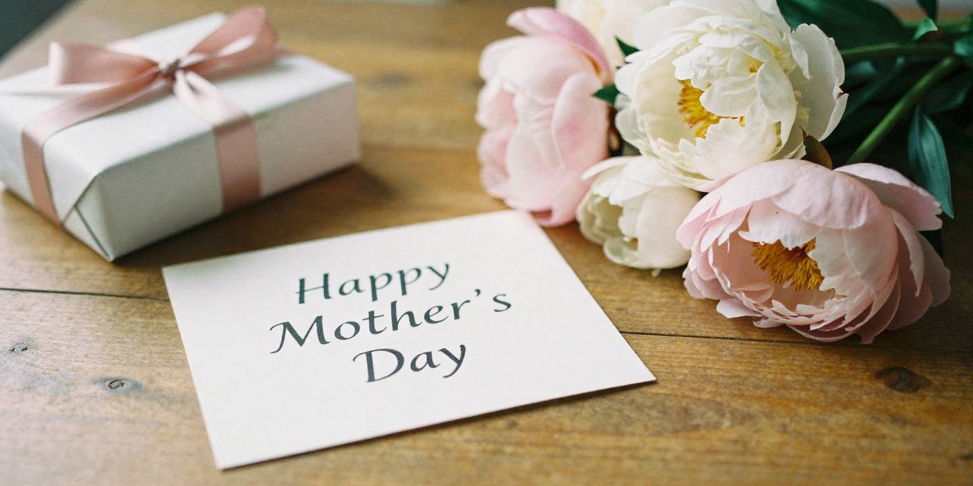 Happy Mother’s Day card messages image with greeting card, flowers, and gifts.