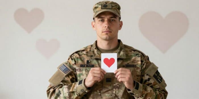 Male soldier holding a Valentine’s Day card with patriotic tones and subtle romantic details in a military setting.