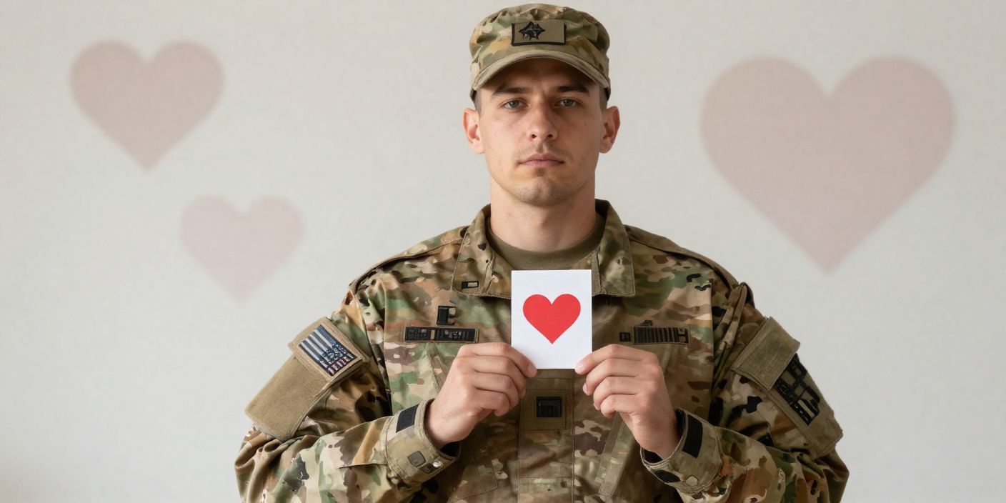 Male soldier holding a Valentine’s Day card with patriotic tones and subtle romantic details in a military setting.