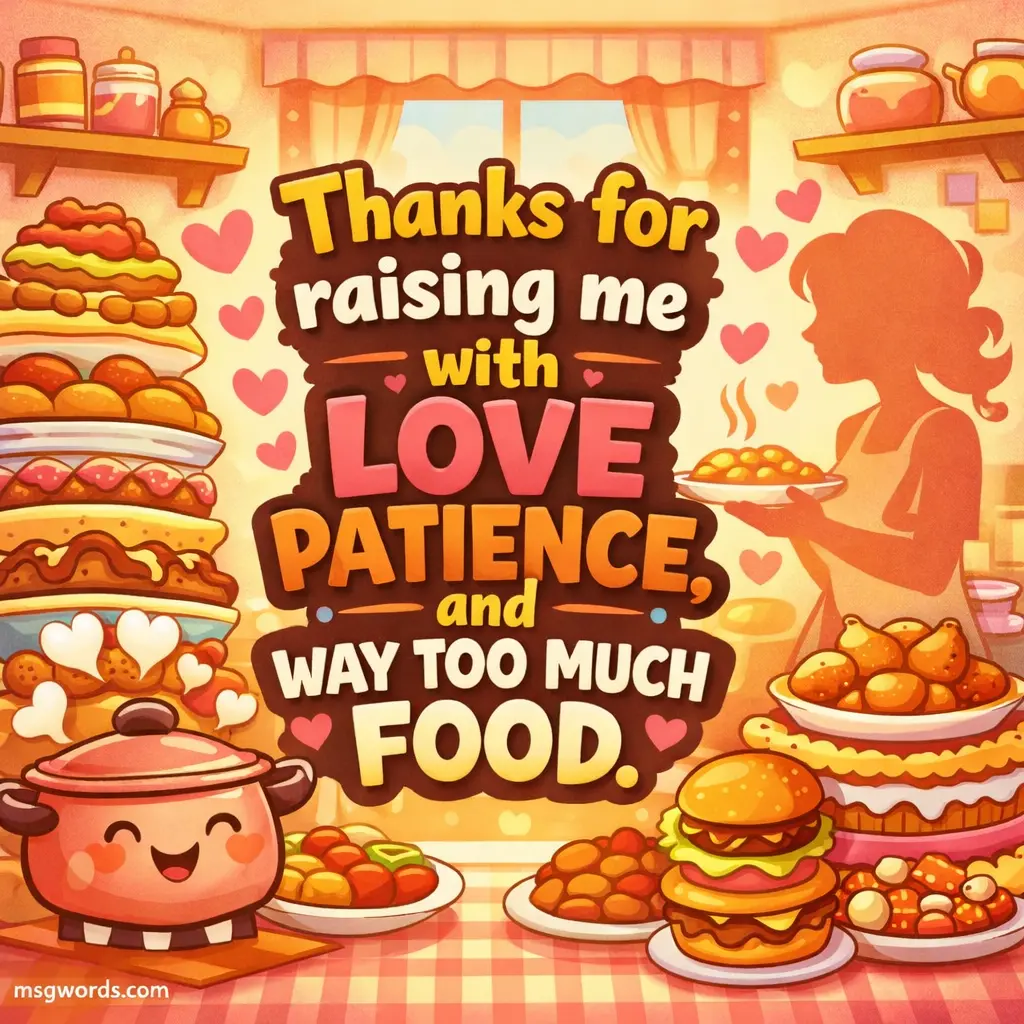 A cheerful cartoon kitchen scene filled with food and love symbols, highlighting a humorous Mother's Day message about patience and being raised with too much food.

