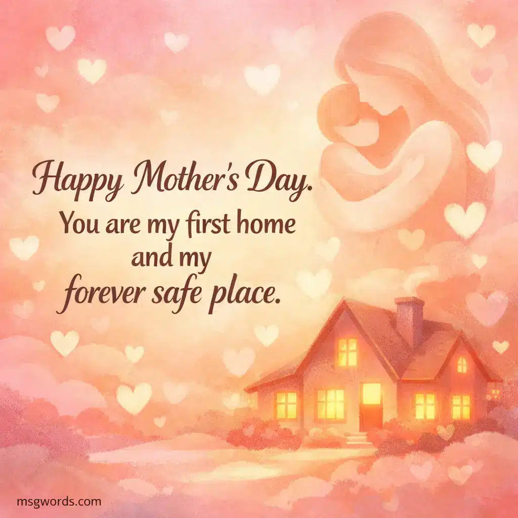 A warm illustrated home glowing with soft light and hearts, representing a mother as a safe place, featuring a heartfelt Mother's Day quote about love and security.

