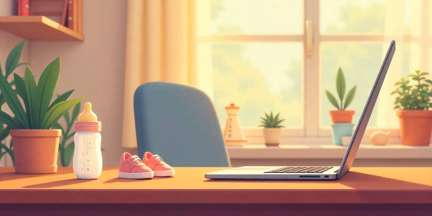 Office desk with baby items representing paternity leave.