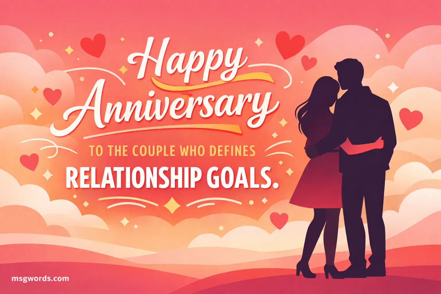 Modern flat design of a stylish couple silhouette with a motivational anniversary quote about relationship goals and lasting love.
