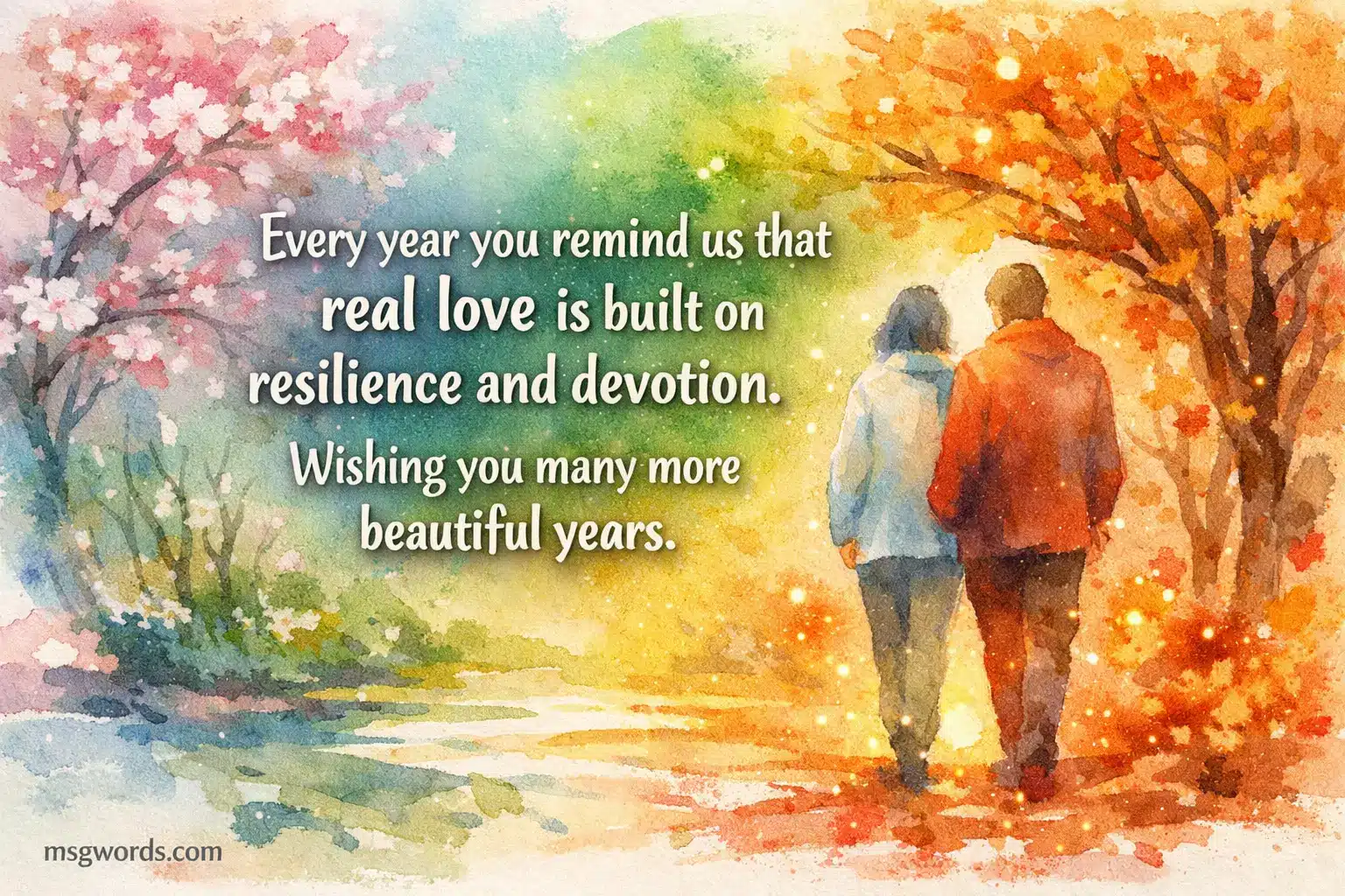Artistic watercolor scene showing a couple walking through changing seasons, symbolizing resilience and devotion in a long-lasting marriage.

