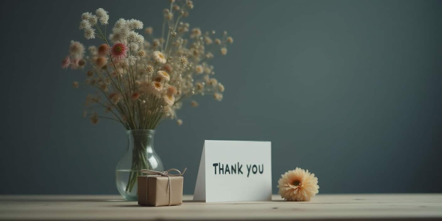 Thank you card with flowers and gift box arranged on a table, expressing appreciation and gratitude.