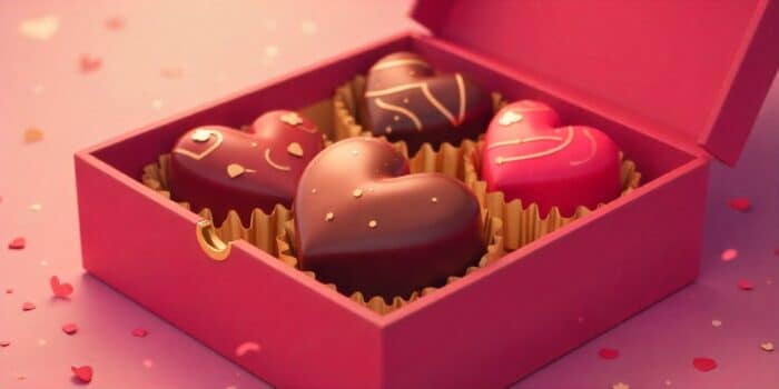 Heart-shaped chocolates in a Valentine gift box.