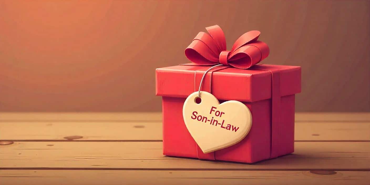 Valentine gift with a heart tag labeled “For Son-in-Law” on a wooden table.