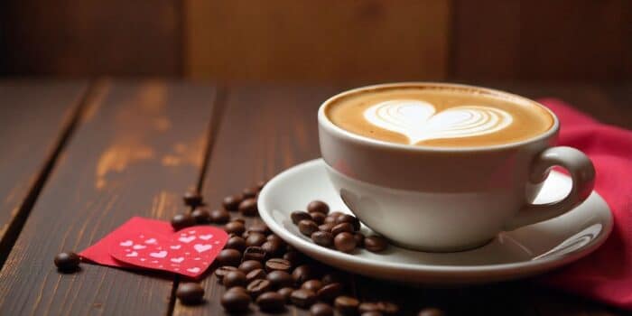 Valentine’s Day coffee quotes image with heart-shaped latte art and coffee beans.