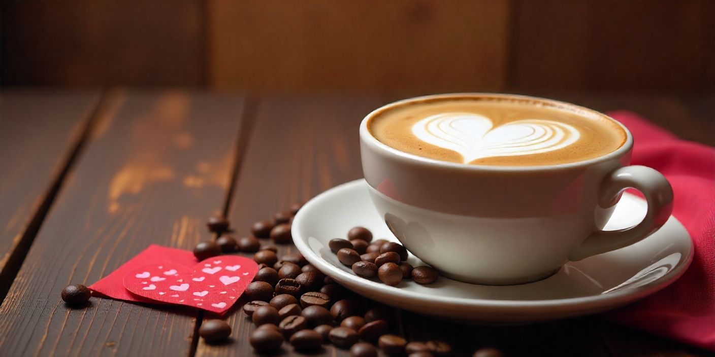 Valentine’s Day coffee quotes image with heart-shaped latte art and coffee beans.