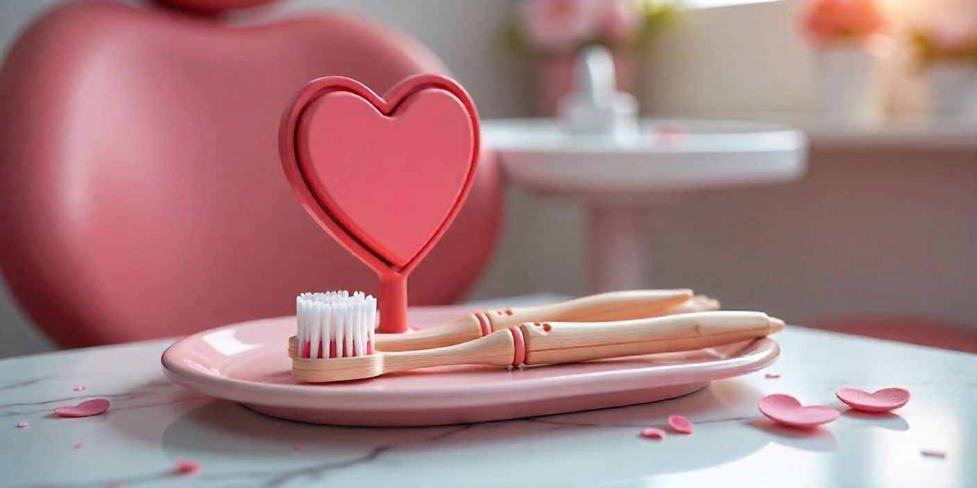 Valentine’s Day dental quotes image with dental tools, heart-shaped mirror, and clean clinic background.