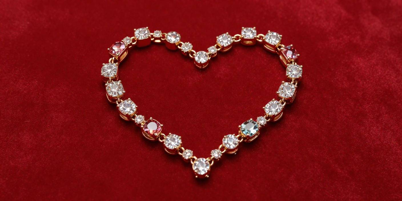Valentine’s Day jewelry quotes image featuring elegant jewelry arranged in a heart shape.
