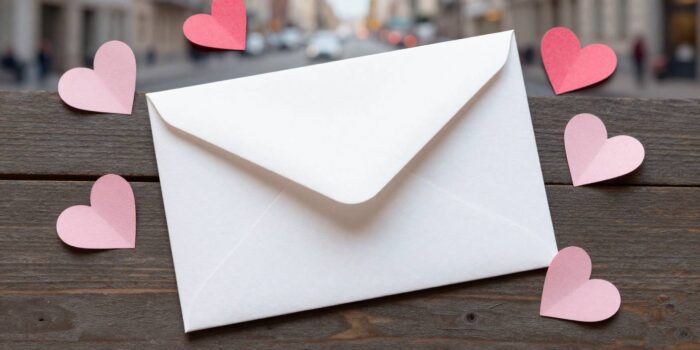 Valentine’s Day message envelope with hearts and urban background representing kindness shared with strangers.
