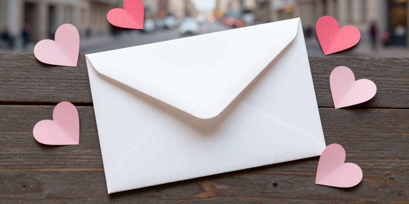 Valentine’s Day message envelope with hearts and urban background representing kindness shared with strangers.