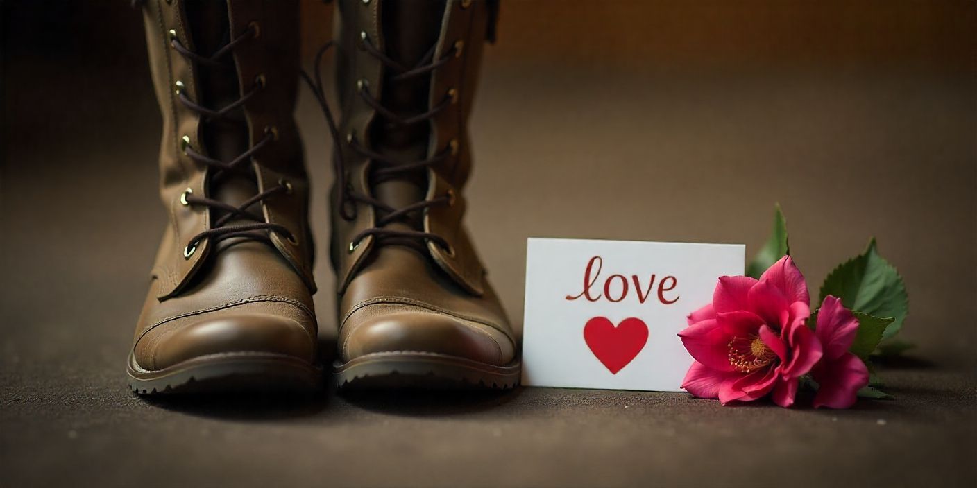Military boots with a Valentine card honoring veterans.