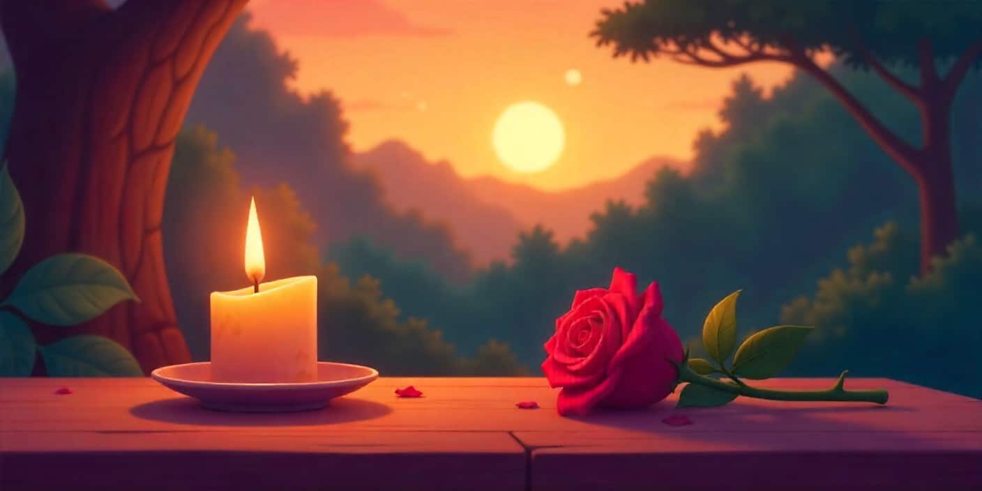 Rose and candle symbolizing gentle Valentine remembrance.