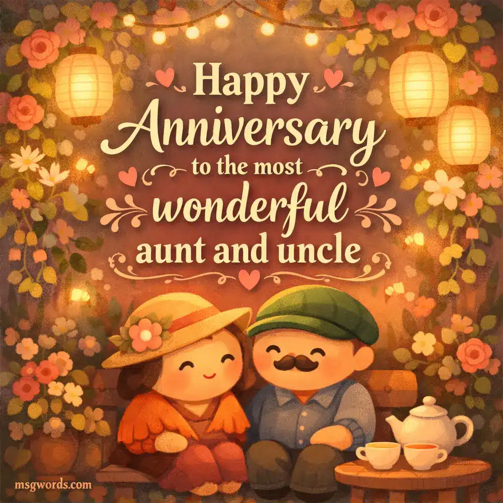 Stylized illustration of an aunt and uncle sitting in a warm garden with lanterns, featuring a heartfelt anniversary quote celebrating their wonderful relationship.

