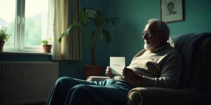 Words of encouragement card beside an elderly man in a peaceful nursing home room filled with natural light and warmth.