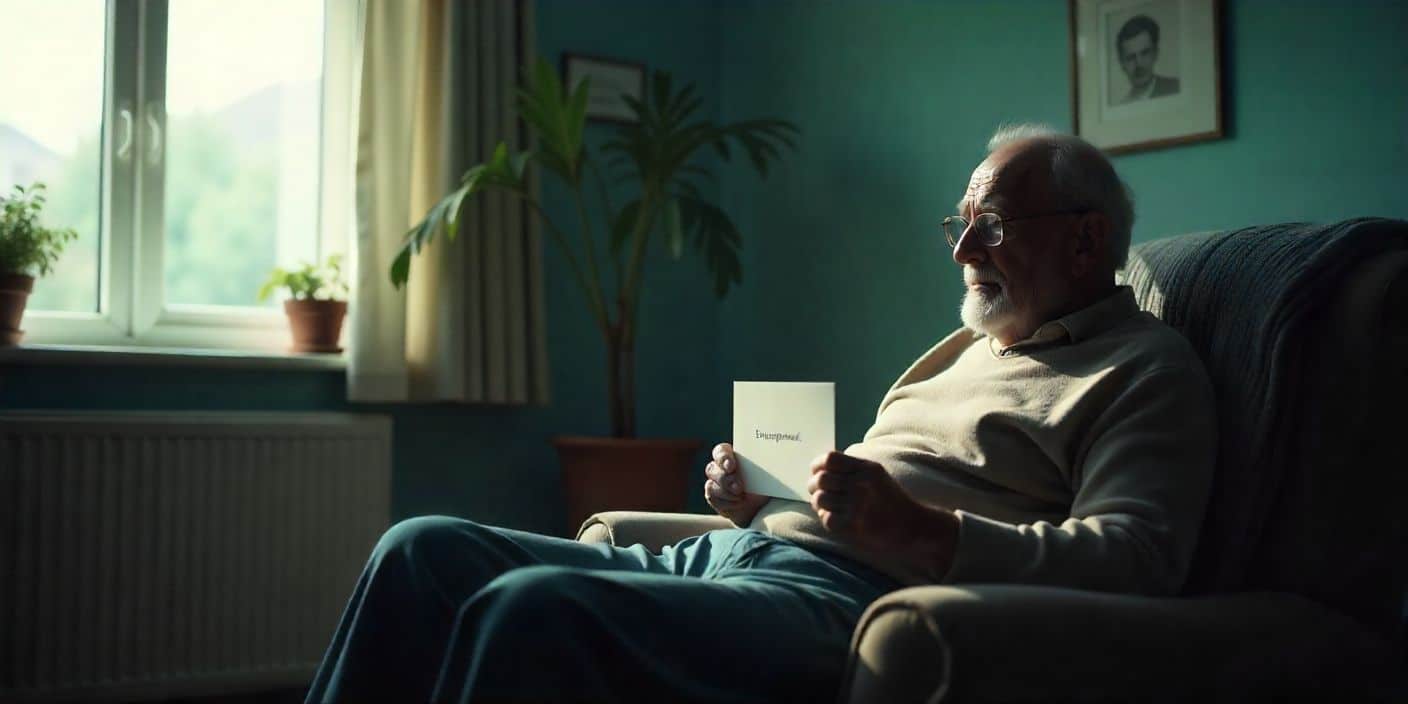 Words of encouragement card beside an elderly man in a peaceful nursing home room filled with natural light and warmth.