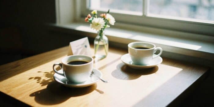 Good morning messages for family with breakfast table and sunlight scene