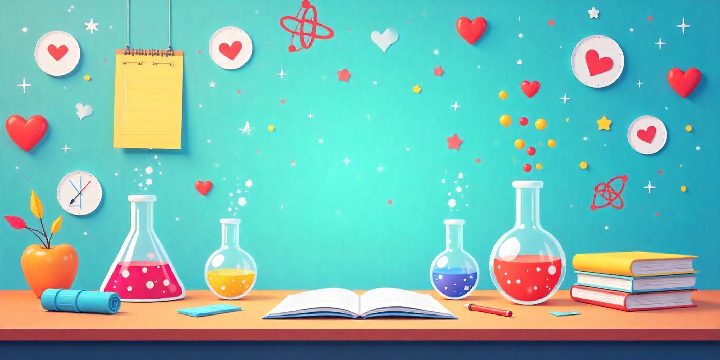 Science Valentine’s Day puns illustrated with lab tools and heart symbols