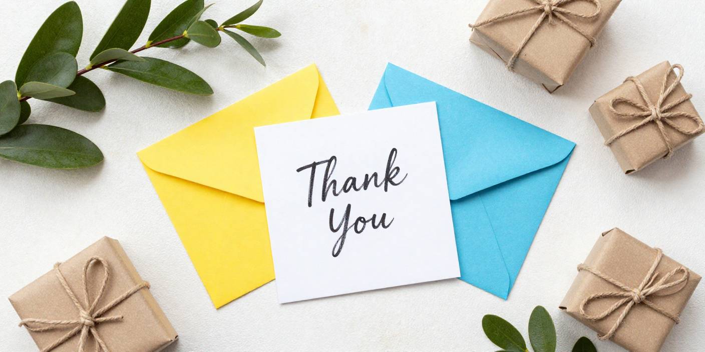 Thank you messages for family and friends shown with cards, flowers, and gifts