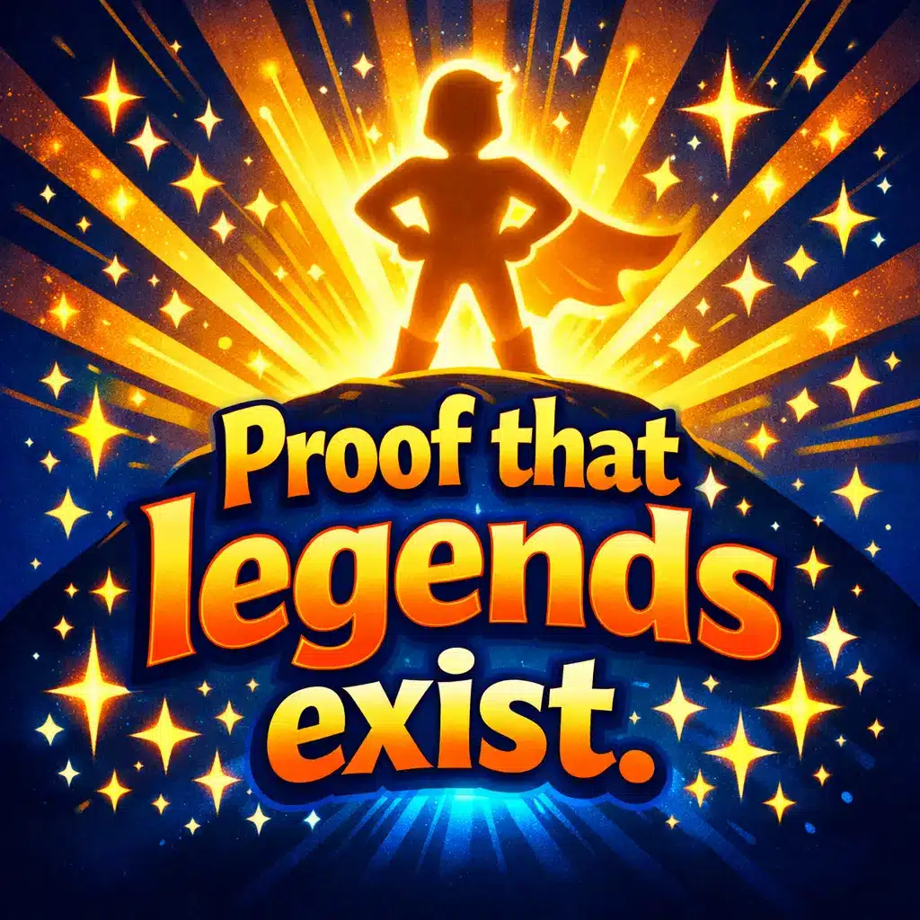 Cartoon-style heroic scene with glowing lights and stars emphasizing admiration and greatness, paired with a motivational quote celebrating legendary presence.