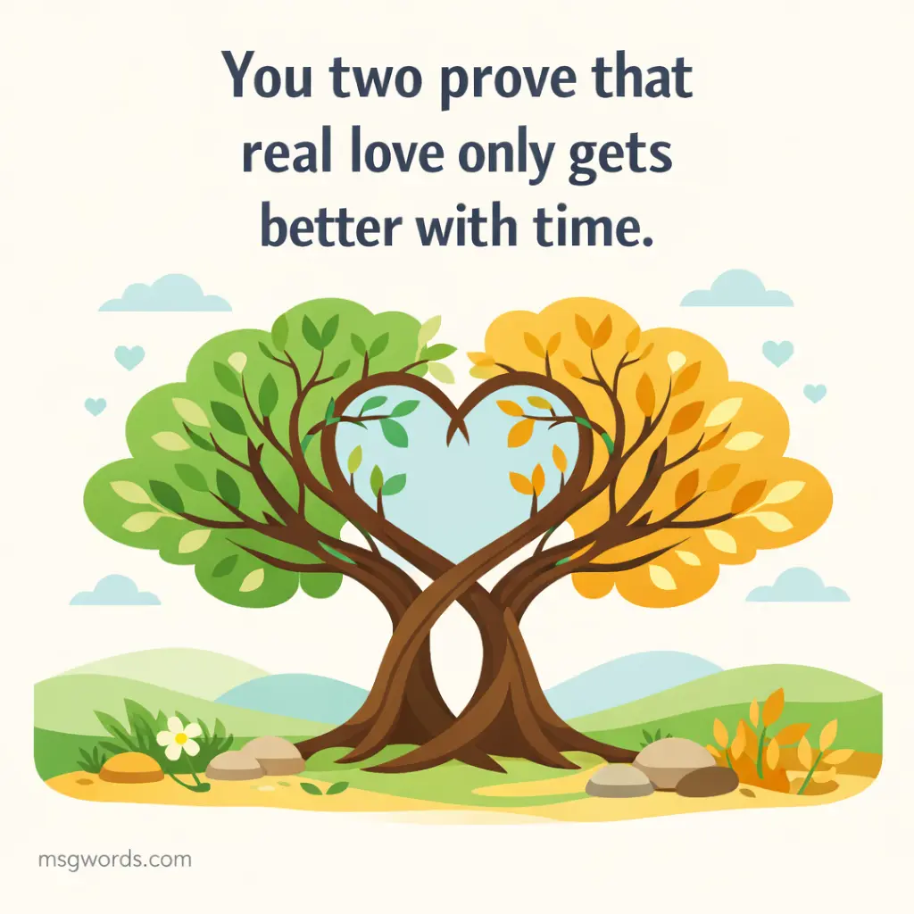 Minimal vector illustration of two trees forming a heart, representing growing love over time with a quote about love improving with age.