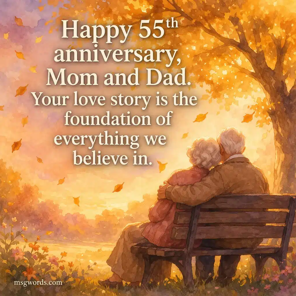Warm illustrated scene of elderly couple under a golden tree with a heartfelt 55th anniversary quote celebrating parents' lasting love and strong family foundation.