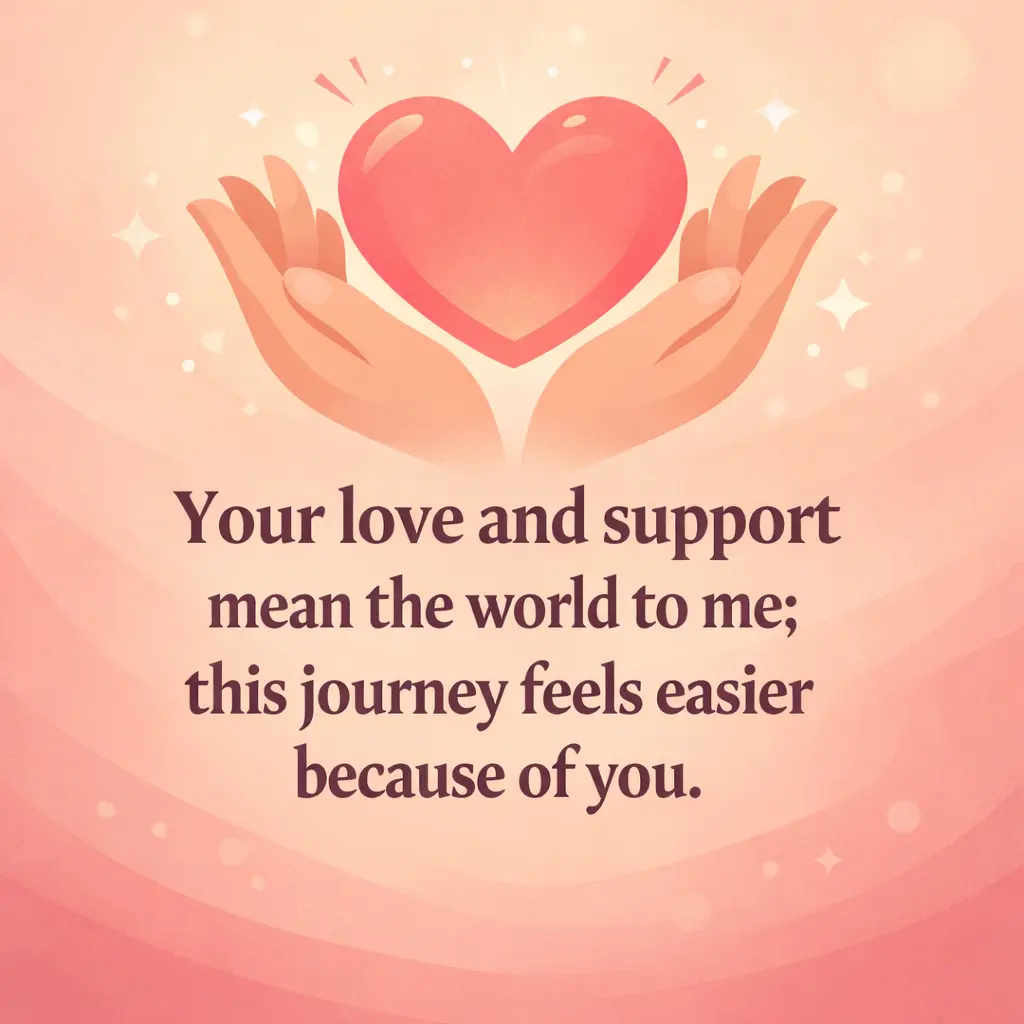 A warm minimalist illustration of hands and a heart symbolizing support, paired with a meaningful thank you message about love and encouragement.