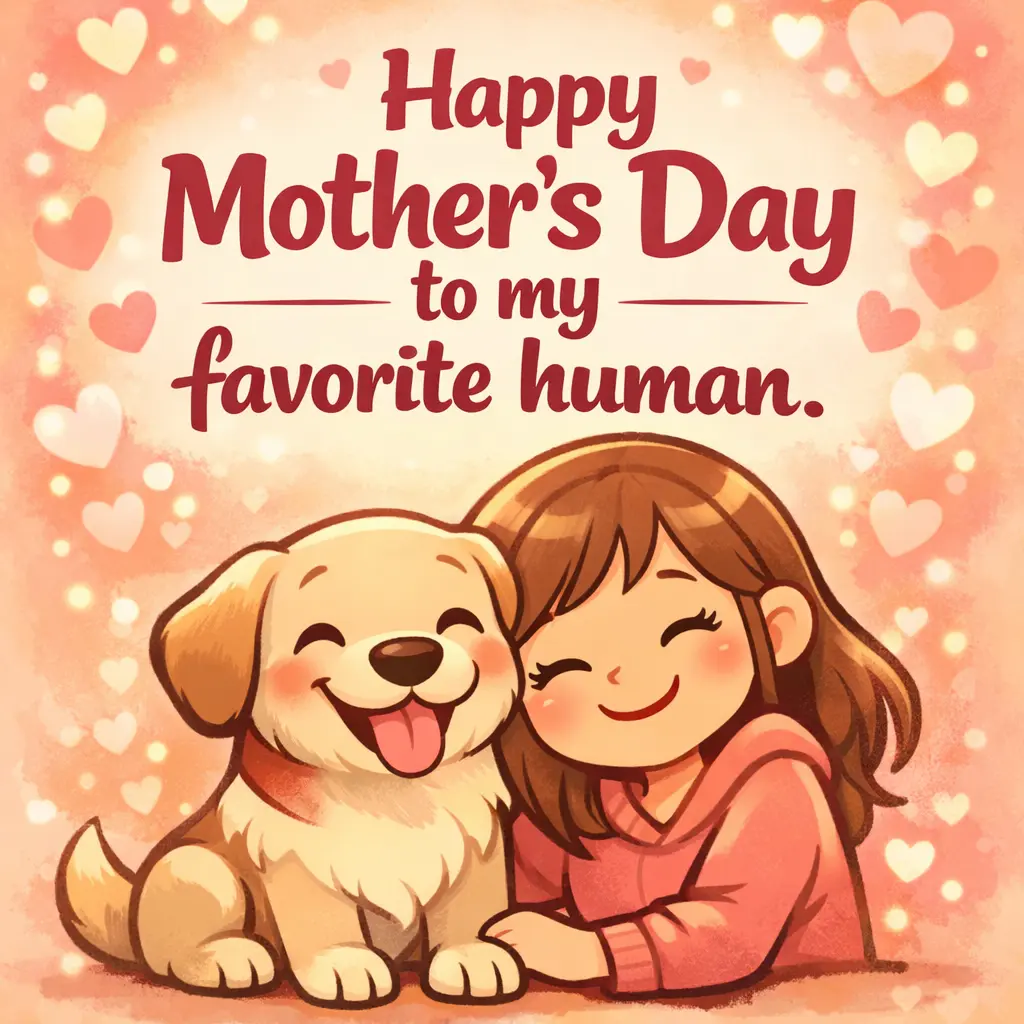 Cute cartoon dog celebrating Mother's Day with its favorite human, expressing love and appreciation in a warm and joyful illustrated scene.